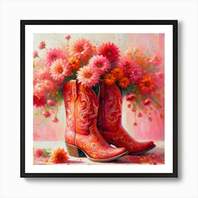 Pink Cowgirl Boots - Painting Of A Pair Of Brigh Art Print