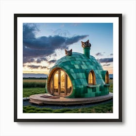 Perspective View Of A Whimsical Cat Shaped House Resembling An Animated Feline Frozen In A Playful Art Print