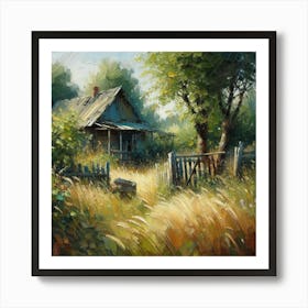 Old House And Broken Fence In The Countryside, Acrylic Painting Style Art Print