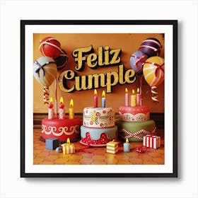 Feliz cumple and Feliz cumpleaños sign means Happy Birthday in Spanish language, Birthday party celebration gift with birthday cake candle colorful balloons best congratulation over light background wall artFeliz Cumple 63 Art Print