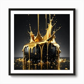 Liquid Elegance: Golden Liquid Splash On Black Background Art Print