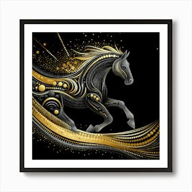 Golden Horse On Black Background 1 Art Print