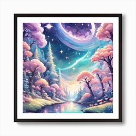 A Fantasy Forest With Twinkling Stars In Pastel Tone Square Composition 55 Art Print