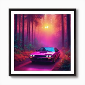 Pink Car In The Forest Art Print