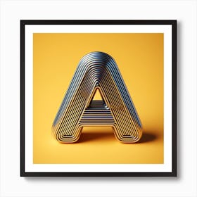 3d Typography Of The Letter A, On A Yellow Background, Chrome Shiny Texture, Ridges, Minimal Art Print