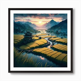 Beautiful views of rice fields, close to the river and surrounded by mountains, 5 Art Print