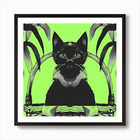 Black Kitty Cat Meow Bright Green Art Print