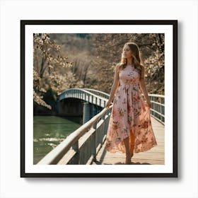 Beautiful Girl Walking On A Bridge Art Print