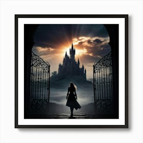 Gothic Woman Journeying Towards A Sinister Medieval Castle Colored Sun Rays Peeking Through The Omi 1 Art Print