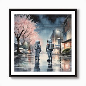 Two Astronauts In The Rain Art Print