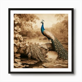 Default Peacock In A Sepia Oasis A Graceful Peacock With Subtl 0 Art Print