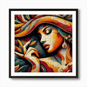 Abstract Puzzle Art Woman in a Hat Art Print