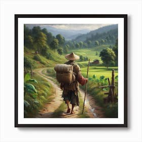 An old, poor man walking down the Japanese valley Art Print