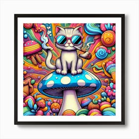 Psychedelic Cat On Mushroom Art Print