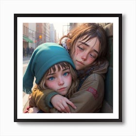 Two Girls Hugging Art Print