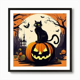 Halloween Black Cat On Pumpkin Art Print