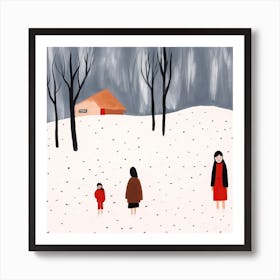 Winter Snow Scene, Tiny People And Illustration 2 Art Print