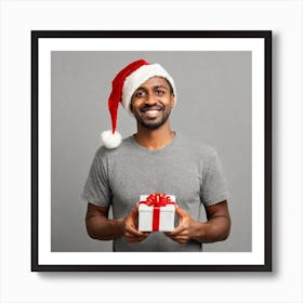 Happy African American Man With Christmas Gift Art Print