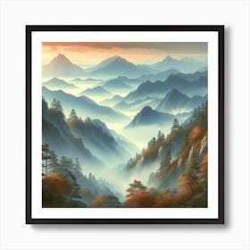 "A serene and misty mountain landscape."Wall poster2 Art Print