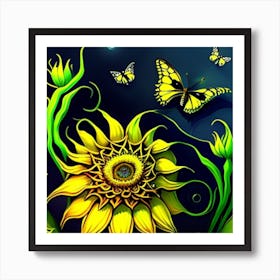 Sunflower With Butterflies Art Print