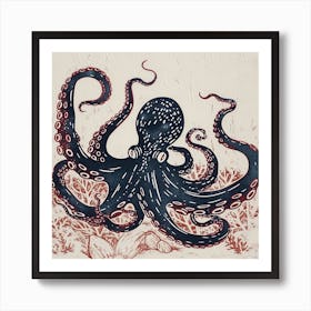 Navy Blue Linocut Inspired Octopus  1 Art Print