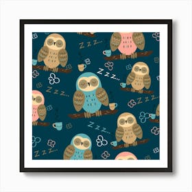 Seamless Pattern Owls Dreaming Art Print