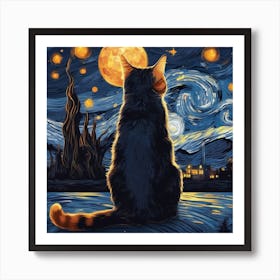 van goth starry night with cat Art Print