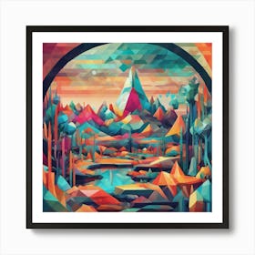 Mountain Scene Through Window Cubism Style Art Print