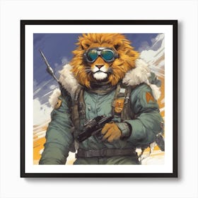 A Badass Anthropomorphic Fighter Pilot Lion, Extremely Low Angle, Atompunk, 50s Fashion Style, Intri (1) Art Print