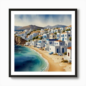 Village Of Mykonos.Summer on a Greek island. Sea. Sand beach. White houses. Blue roofs. The beauty of the place. Watercolor. Art Print