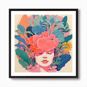 Risograph Style Modern Illustration, Botanical Woman 2 Art Print