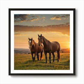 Leonardo Vision Xl Horses Graze On Grass At Sunset 1 Art Print