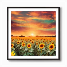 Hidden Alien , Sunflower Field At Sunset Art Print