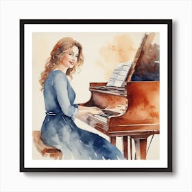 Watercolor Girl Playing Piano 1 Art Print