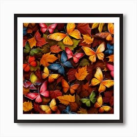 Autumn Leaves And Butterflies Seamless Pattern 1 Art Print