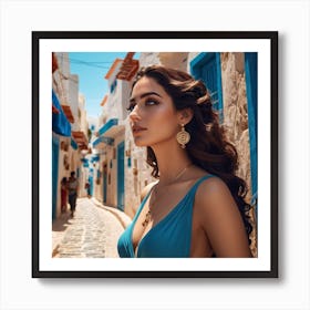 Tunis Street Sidi Bou Said, Beautiful Woman In blue Dress Art Print