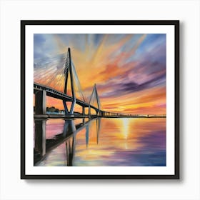 Sunset over the Arthur Ravenel Jr. Bridge in Charleston. Blue water and sunset reflections on the water. Oil colors.1 Art Print