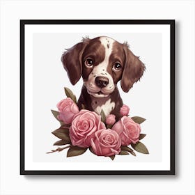 Puppy With Roses 1 Art Print