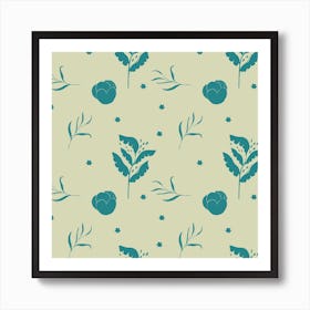 Floral Pattern Turquoise on Green Art Print