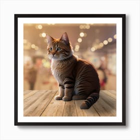 Tabby Cat Sitting On Wooden Table Art Print