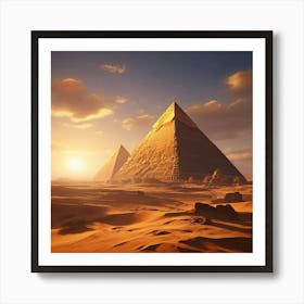 The Pyramids Of Egypt And The Sphinx In The Desert And The Sun Is Yellow Art Print