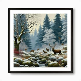 Deer And Trees In The Snow, Acrylic Painting Style Art Print