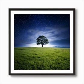 Firefly 8k, Top Quality, Live Action, Center, Night Sky, Darkness, Meadow, Plateau, Single Tree, Sea (1) Art Print