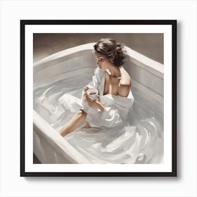 Woman Thinking in Bathtub & Robe Art Print