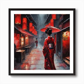 Asian Woman with red umbrella Art Print