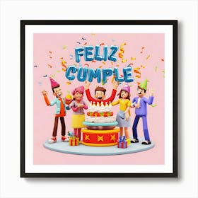 Feliz cumple and Feliz cumpleaños sign means Happy Birthday in Spanish language, Birthday party celebration gift with birthday cake candle colorful balloons best congratulation over light backgroundFeliz Cumplie 1 Art Print