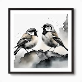 Firefly A Modern Illustration Of 2 Beautiful Sparrows Together In Neutral Colors Of Taupe, Gray, Tan (30) Art Print