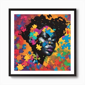 female face silhouette and then mask shattering into big puzzle pieces Art Print