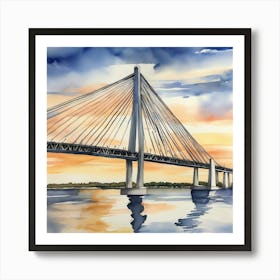 Accurate drawing and description. Sunset over the Arthur Ravenel Jr. Bridge in Charleston. Blue water and sunset reflections on the water. Watercolor.3 Art Print