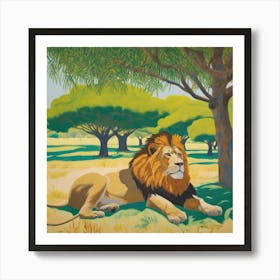 Lions Resting under Acacia Trees Series. Style of David Hockney 1 Art Print